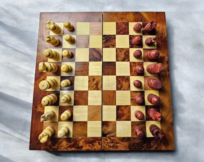 Handmade Moroccan Thuya Burl Wood Folding Chess Set, Hand-Carved Pieces, Travel Game