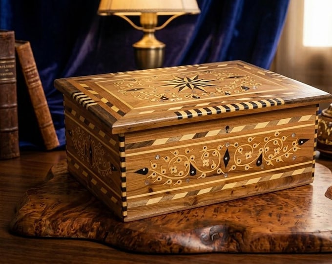 Handmade Moroccan Thuya Wood Jewelry Box with Mirror, Marquetry Inlay Keepsake Organizer