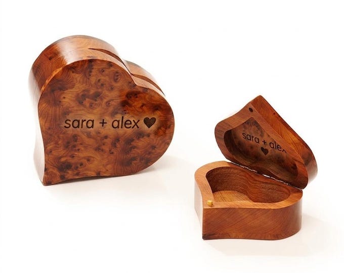Personalized Heart Shaped Thuya Wood Ring Box, Moroccan Burl Wood Engagement Holder