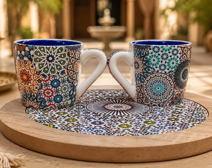 Hand-Painted Moroccan Ceramic Mug and Spoon Set – Zellige Pottery Boho Kitchen Decor