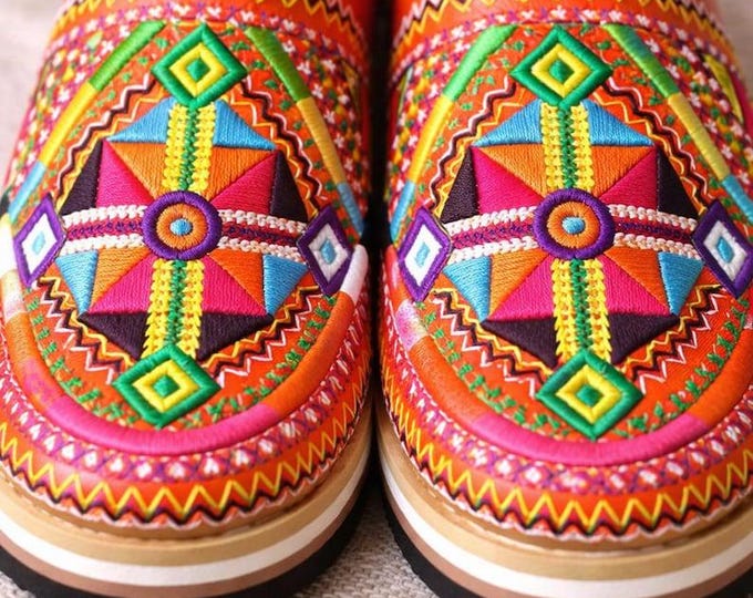 Handmade Moroccan Leather Slippers, Berber Embroidery Loafers, Ethnic Summer Shoes