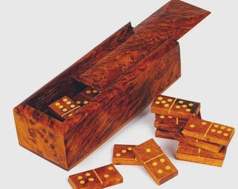 Handmade Moroccan Thuya Burl Wood Domino Set, Sliding Lid Box