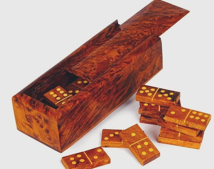 Handmade Moroccan Thuya Burl Wood Domino Set, Sliding Lid Box