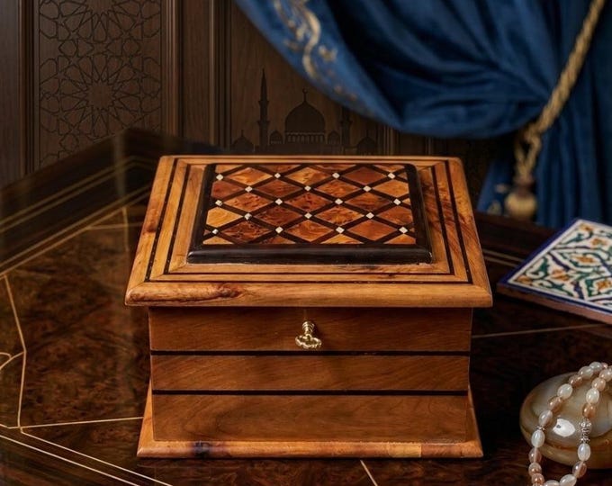 Handmade Moroccan Thuya Burl Wood Jewelry Box, Diamond Inlay Keepsake Mirror Box,Hand-Burned Name