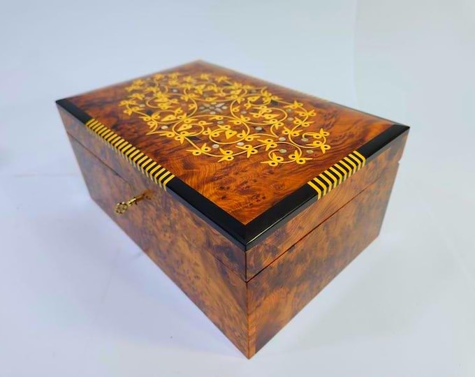 Handmade Moroccan Thuya Burl Keepsake Box, Gold Floral Inlay Jewelry Organizer