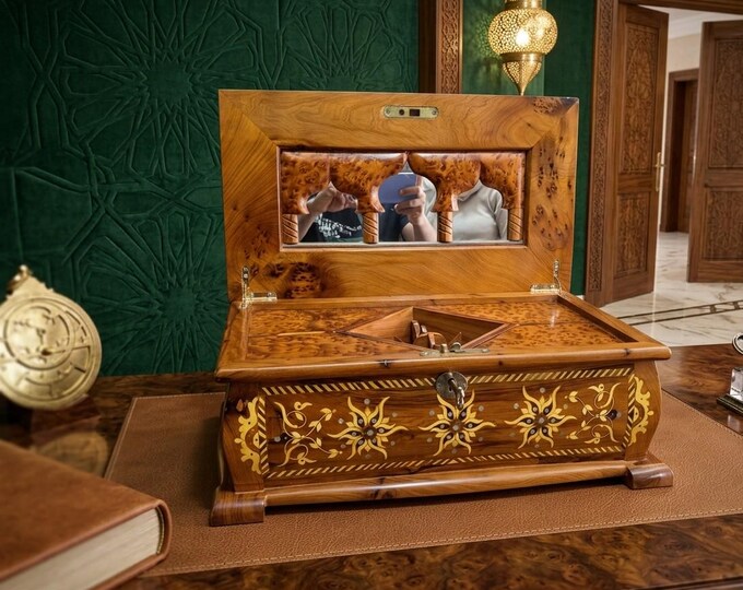 Large Wooden Jewelry Chest, Thuya Inlay with Mirror, Personalized Gift Box