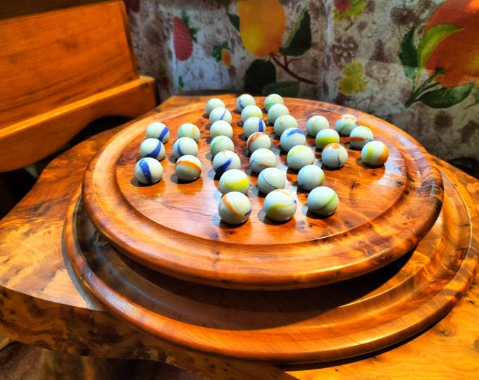 Handmade Thuya Burl Wood Marble Solitaire Game — Moroccan Artisan, Essaouira