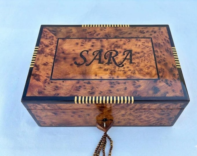 Personalized Moroccan Thuya Wood Jewelry Box, Hand-Burned Name, Removable Tray, Keepsake Gift