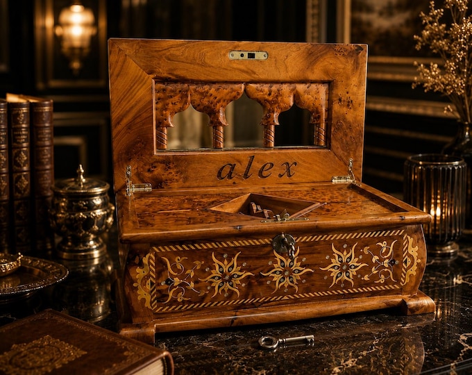 Moroccan Thuya Burl Jewelry Chest, Mother-of-Pearl Inlay, Mirror, Heirloom Keepsake Box