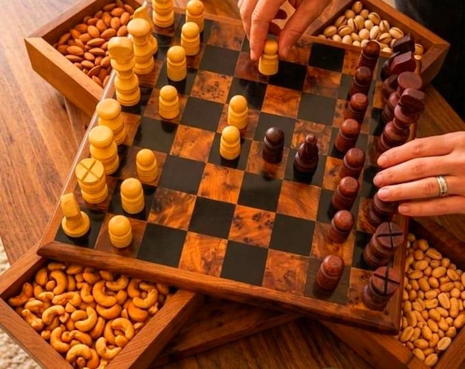 Handmade Thuya Wood Chess Set with Dominoes, Moroccan Burl Wood Game Board
