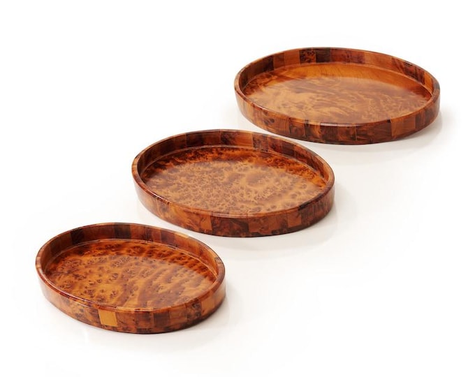 Moroccan Thuya Burl Wood Oval Nesting Serving Trays, Handmade Decorative Wooden Platters
