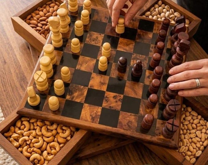Handmade Moroccan Thuya Wood Chess Set, 4 Drawers, Hand Carved Pieces, Arar Wood Board