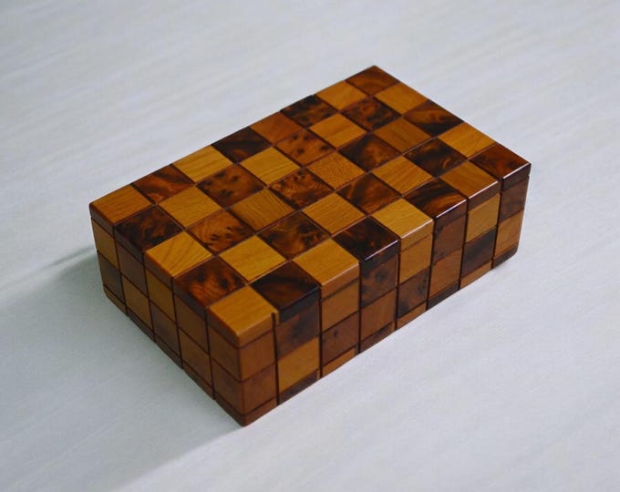 Handmade Moroccan Thuya Burl Wood Checkerboard Pattern Sliding Lid Box, Anniversary Gift