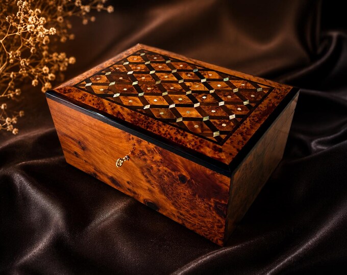 Personalized Thuya Wood Jewelry Box, Moroccan Burl Organizer, Mother of Pearl Inlay, Anniversary Gift