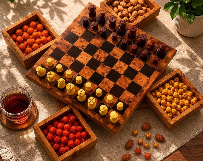 Handmade Moroccan Chess Set with Storage Drawers, Thuya Burl Wood Personalized Chess Board Gift