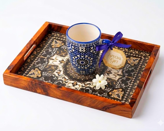 Handmade Moroccan Thuya Wood Serving Tray, Arabesque Decor, Boho Home Gift (10x8 inch)
