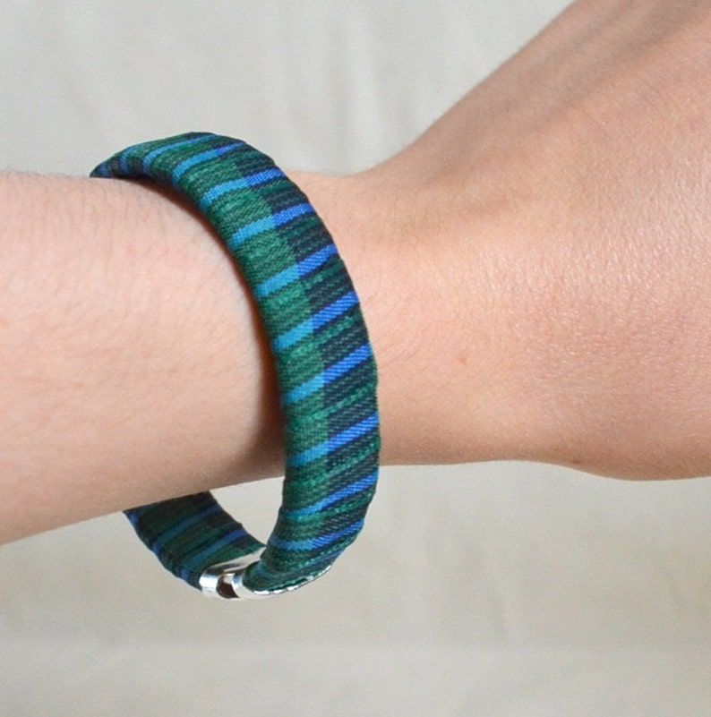 Handmade Ribbon Bangle Bracelet Cuff NEW /& Repurposed Blue Green Plaid Unique Rockabilly Punk Slip on OOAK Gift Ready to Ship Eco Friendly