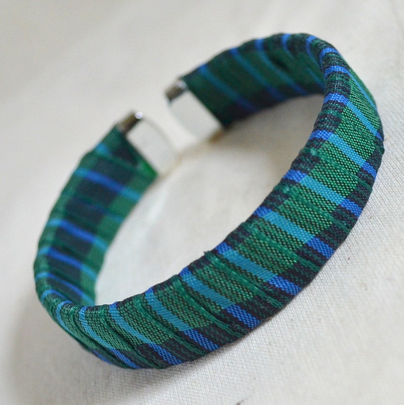 Handmade Ribbon Bangle Bracelet Cuff NEW /& Repurposed Blue Green Plaid Unique Rockabilly Punk Slip on OOAK Gift Ready to Ship Eco Friendly