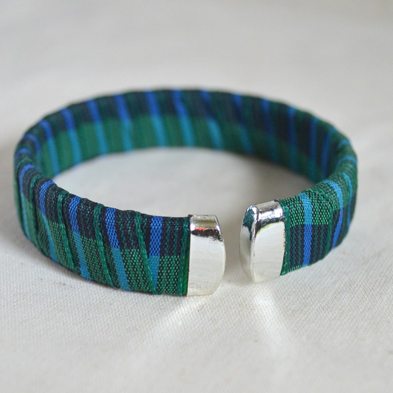 Handmade Ribbon Bangle Bracelet Cuff NEW /& Repurposed Blue Green Plaid Unique Rockabilly Punk Slip on OOAK Gift Ready to Ship Eco Friendly
