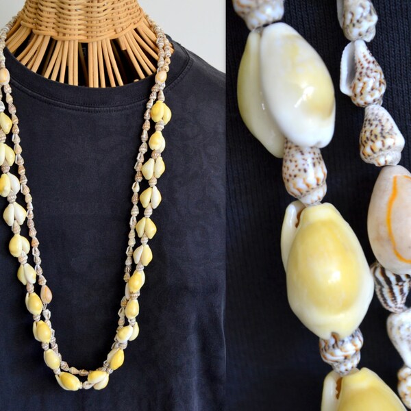 Vintage Long Cowry Sea Shell Necklaces Hawaii Leis Seashell Chain Jewelry Tropical Island Hawaiian South Pacific Exotic Yellow Orange Brown