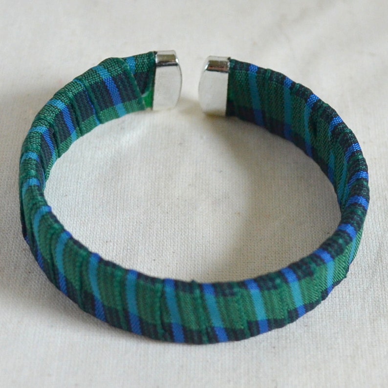 Handmade Ribbon Bangle Bracelet Cuff NEW /& Repurposed Blue Green Plaid Unique Rockabilly Punk Slip on OOAK Gift Ready to Ship Eco Friendly