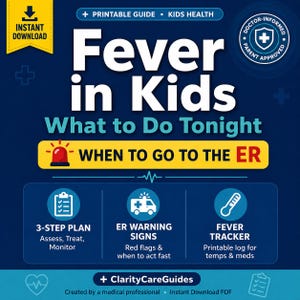 May include: A dark blue infographic with the title "Fever in Kids" and the subtitle "What to Do Tonight." It includes sections on a 3-step plan, ER warning signs, and a fever tracker. The image also features the text "Instant Download."
