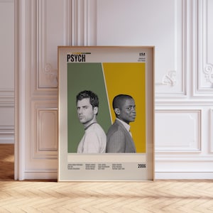 Könnte beinhalten: Ein gerahmtes Poster mit dem Titel "PSYCH" in großen Buchstaben. Das Poster hat einen grünen und gelben Hintergrund mit zwei Männern in der Mitte. Das Poster enthält auch den Text "USA" und das Jahr "2006".