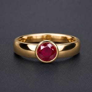 Puede incluir: Un anillo de oro con un rubí rojo redondo y facetado engastado en un bisel liso. La banda es de oro pulido con un perfil redondeado, mostrando un diseño limpio y continuo que resalta la vibrante piedra roja en el centro de la pieza.