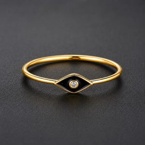 Diamond Evil Eye Ring, 14k Gold Stacking Ring, Black Enamel Ring, Dainty Everyday Ring, Protection Jewelry, Promise Ring, Handmade Gifts Her