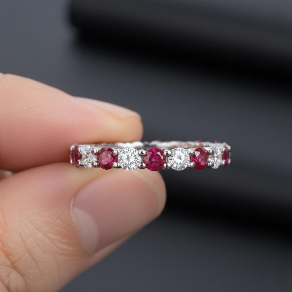 Ruby Diamond Eternity Band, 14K Gold Wedding Band, July Birthstone Band ...