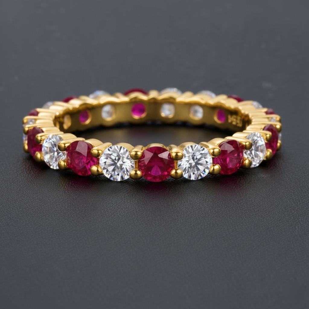 Ruby Diamond Eternity Band, 14K Gold Wedding Band, July Birthstone Band ...