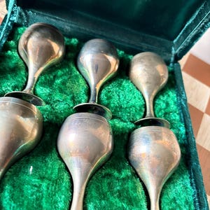 Pode incluir: Um conjunto de seis cálices de metal prateado com taças arredondadas e hastes finas, dispostos numa caixa retangular forrada com veludo verde vibrante. Cada cálice apresenta uma superfície lisa e refletora e uma base circular.