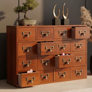 16 Drawer Apothecary Cabinet, Wooden Storage Organizer, Vintage Rustic Drawer Box for Home Office
