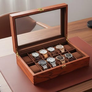 12 Slot Mahogany Watch Box, Glass Top Display Case, Retro Organizer