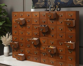 Vintage 64 Drawer Wooden Cabinet Set, Rustic Storage Boxes with Label Holders