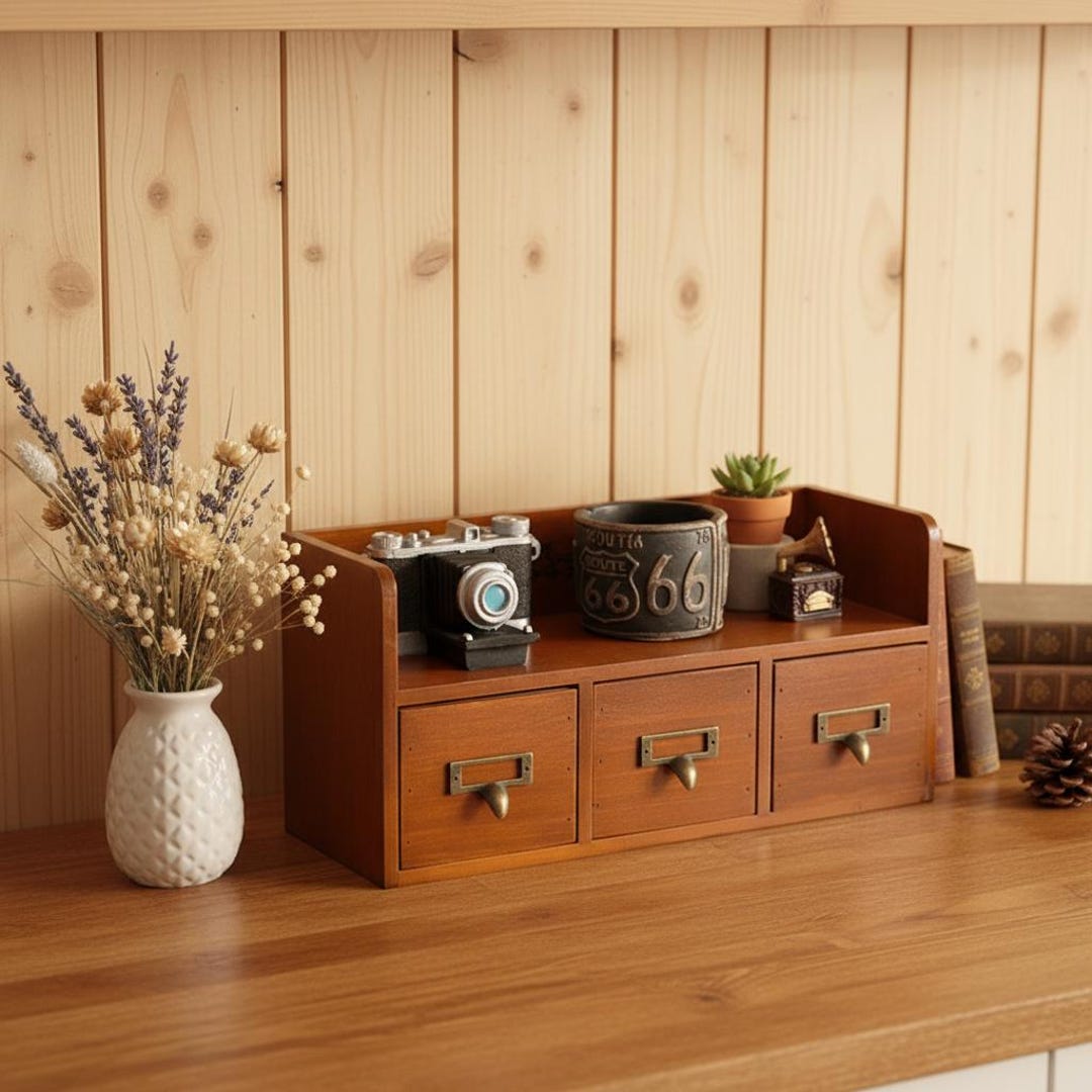Vintage Wooden Desk Organizer With Drawers, Solid Wood Desktop Storage ...