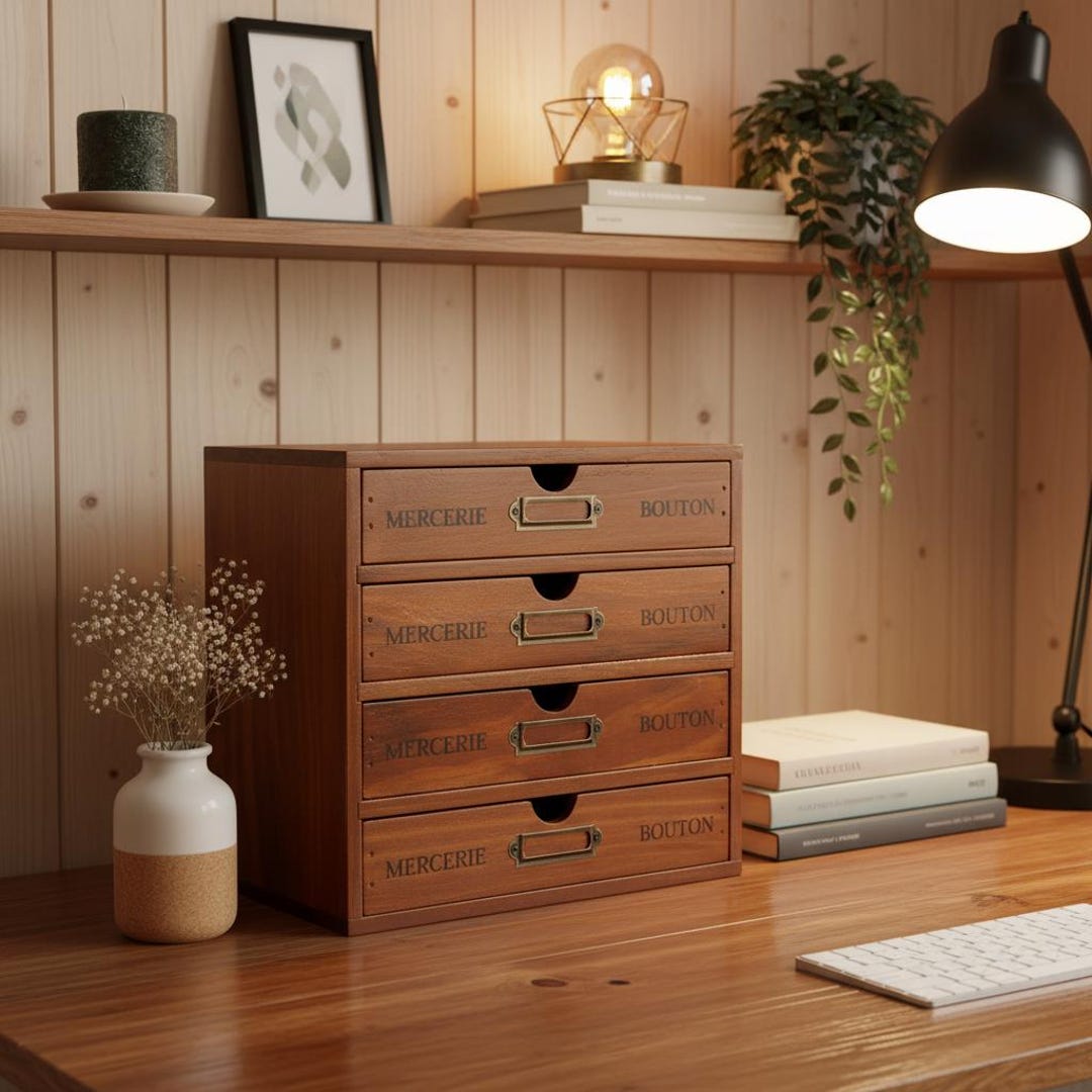 16 Drawer Wooden Desktop Organizer, 4 Tier Storage Cabinet Brown Office ...