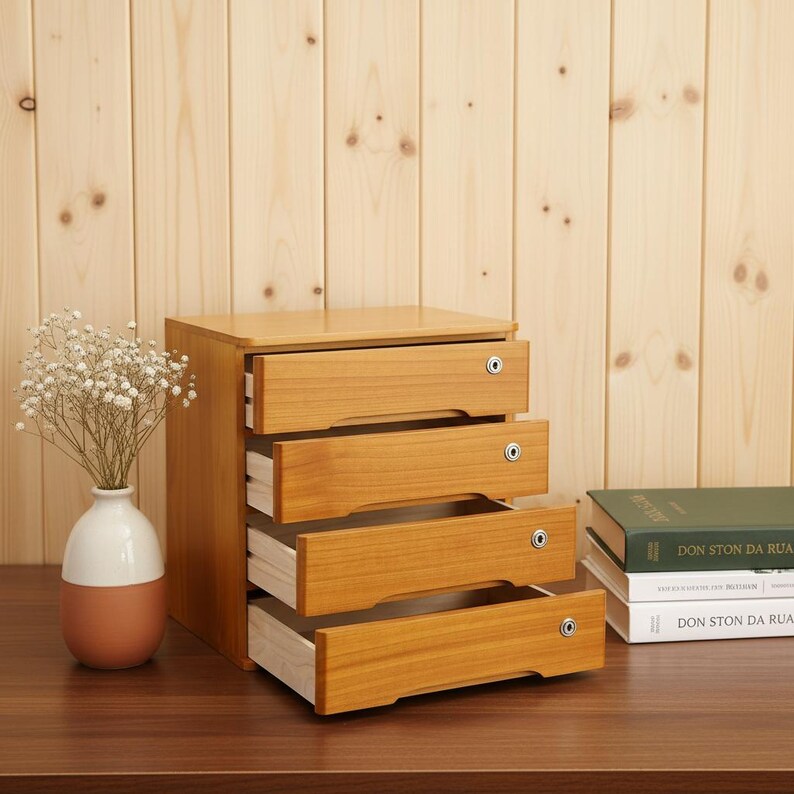 Wooden Desktop Storage Cabinet With Lock, Desk Organizer Box With ...