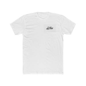 May include: A white crew neck t-shirt. The shirt has a small rectangular design on the upper left chest with the text "These Jeans Ain't Tight" in black script.
