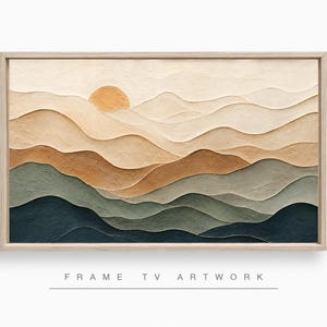 May include: A rectangular framed wall art piece featuring a textured landscape painting with layered rolling hills in shades of cream, tan, brown, sage green, and dark blue, with a circular sun, and the text FRAME TV ARTWORK below the frame.