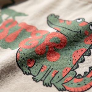 Könnte beinhalten: Nahaufnahme eines beigefarbenen Stoffes mit einem grünen und roten Alligator-Motiv. Das Wort "ROAR" ist rot über dem Alligator aufgedruckt. Der Alligator hat rote Flecken und lächelt. Der Stoff hat ein strukturiertes Aussehen.