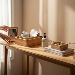 May include: Three woven rattan baskets of varying sizes on a wooden table. A framed photo, a soap dispenser, and books are also on the table. The baskets are empty, ready for storage or display.