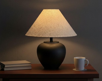 Modern Matte Black Table Lamp with Textured Linen Shade