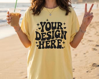 Mockup di banana Comfort Colors 1717, Mockup di maglietta gialla, Mockup di spiaggia C1717, Mockup di t-shirt estiva, Mockup di t-shirt oversize per Etsy POD