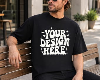 Bella Canvas 3001 zwart T-shirtmodel, oversized T-shirt herenmodel, BC3001 lifestyle-model, POD Streetwear-foto JPG