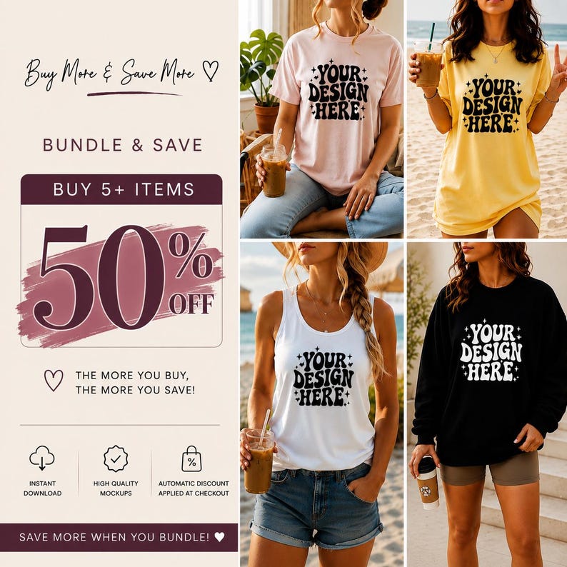 May include: A collection of apparel mockups featuring a light pink t-shirt, a yellow t-shirt, a white tank top, and a black sweatshirt, each displaying the text YOUR DESIGN HERE in a wavy black or white font with small star accents throughout.
