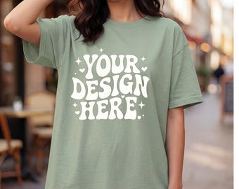 Gildan 5000 saliegroen shirtmodel, oversized T-shirtmodel, damest-shirtmodel, lifestyle POD-model, streetwear-shirtmodel