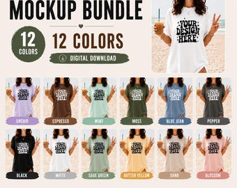 Comfortkleuren 1717 mockupbundel, 12 kleuren shirtmodelset, Beach Tee-mockup, JPG Etsy-modelbundel, digitale download