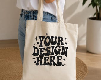 Natürliche Canvas Tragetasche Mockup, Frau Tote Mockup, Neutral Lifestyle Mockup, Baumwoll-Einkaufstasche, Canva JPG