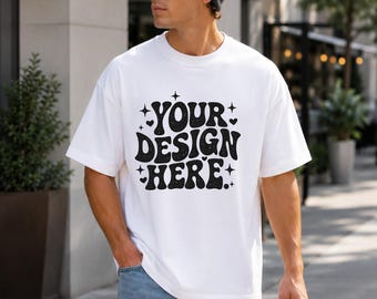 Bella Canvas 3001 wit T-shirtmodel, oversized T-shirt herenmodel, BC3001 Streetwear-model, mannelijke levensstijl POD-model JPG